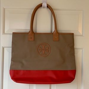 Tory Burch Camel and Coral Colorblock Tote